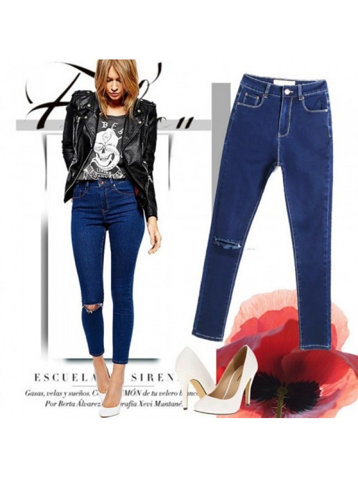 Dark Blue High Waist Casual Denim Skinny Jeans 