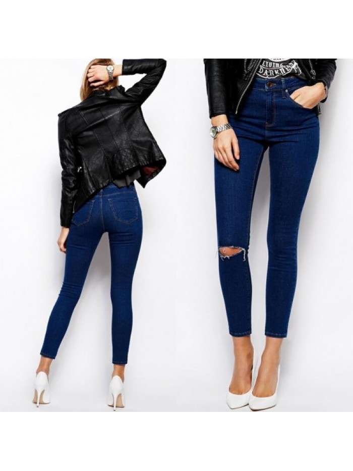 Dark Blue High Waist Casual Denim Skinny Jeans 