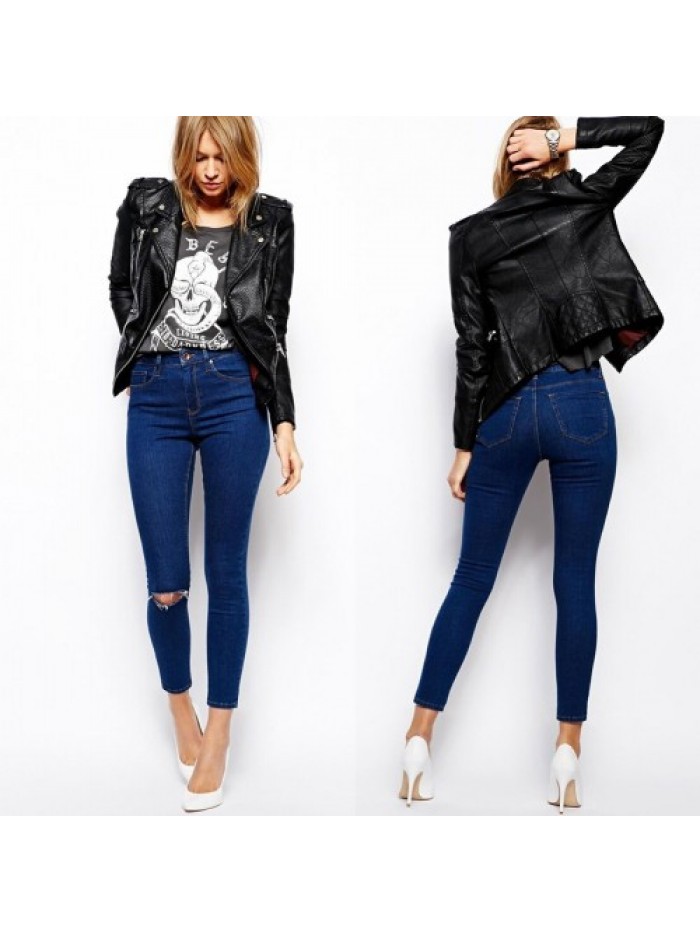 Dark Blue High Waist Casual Denim Skinny Jeans 