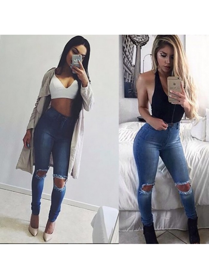 Women Skinny Ripped High Waist Slim Denim Jeans