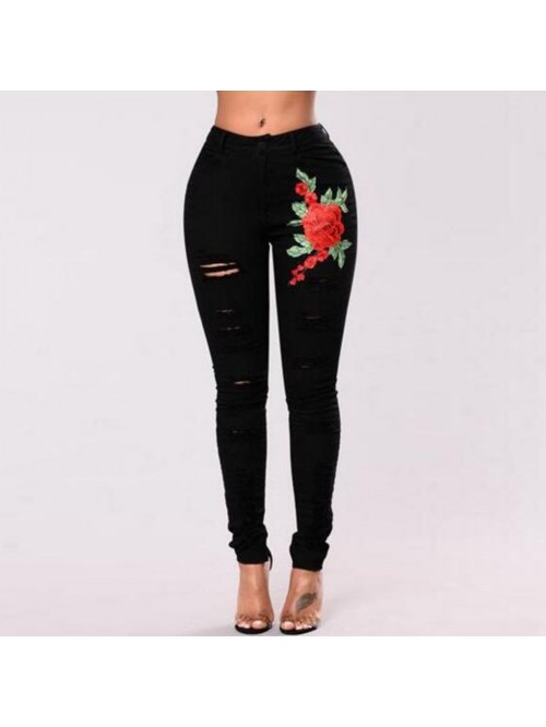 Fashion Floral embroidery Ripped High Waist Jeans