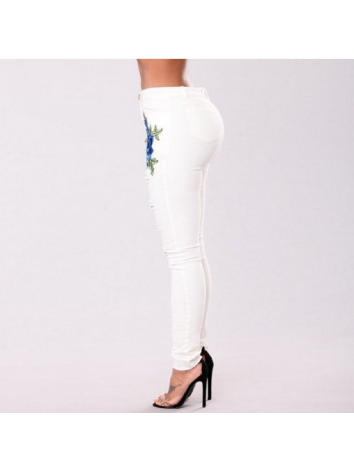 Fashion Floral embroidery Ripped High Waist Jeans