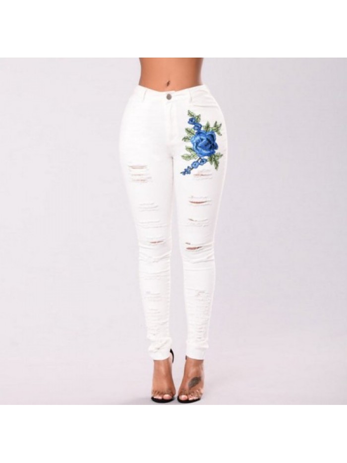 Fashion Floral embroidery Ripped High Waist Jeans