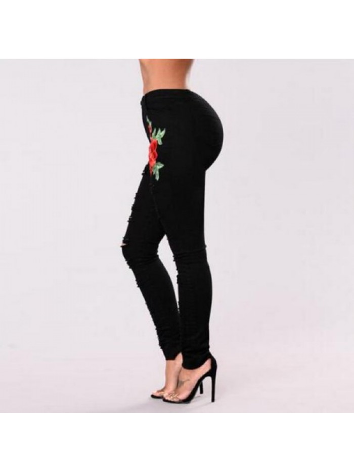 Fashion Floral embroidery Ripped High Waist Jeans