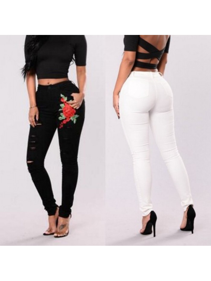 Fashion Floral embroidery Ripped High Waist Jeans