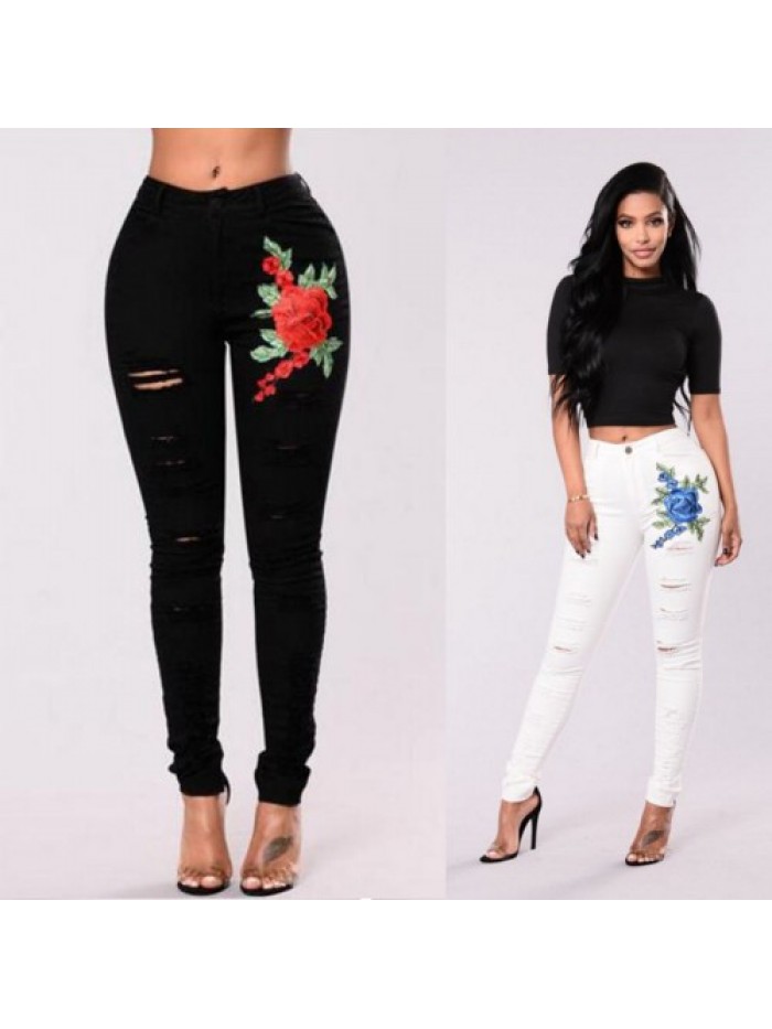 Fashion Floral embroidery Ripped High Waist Jeans