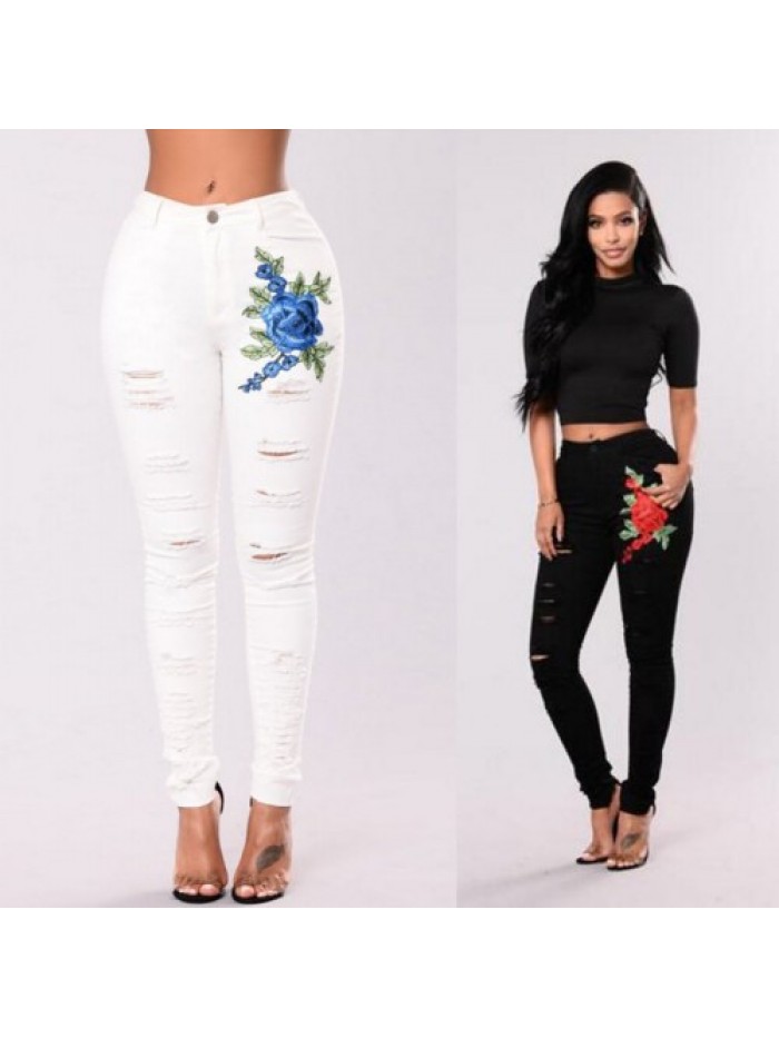 Fashion Floral embroidery Ripped High Waist Jeans