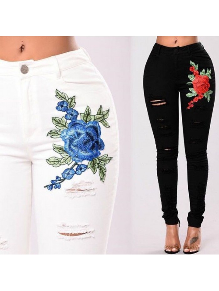 Fashion Floral embroidery Ripped High Waist Jeans