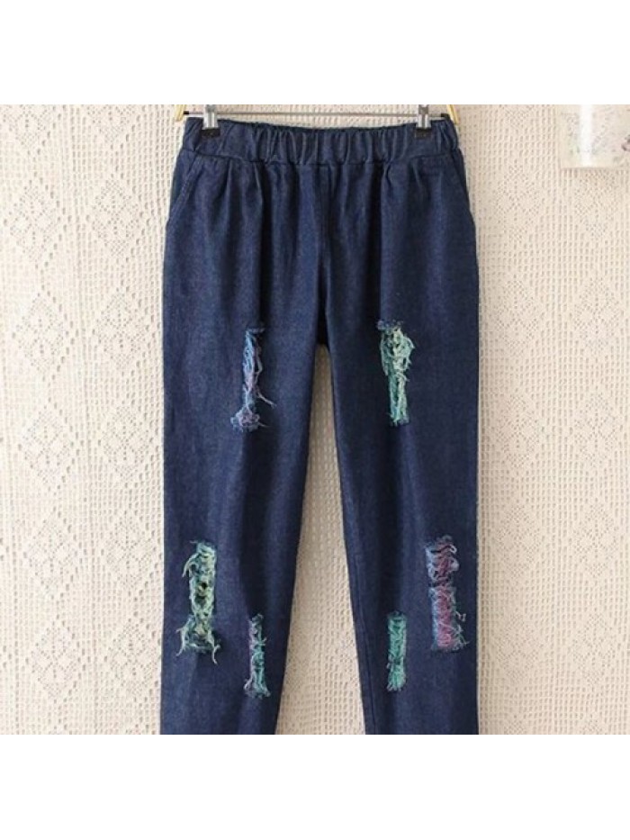 Casual Loose Slim Hole Elastic Waist Jeans