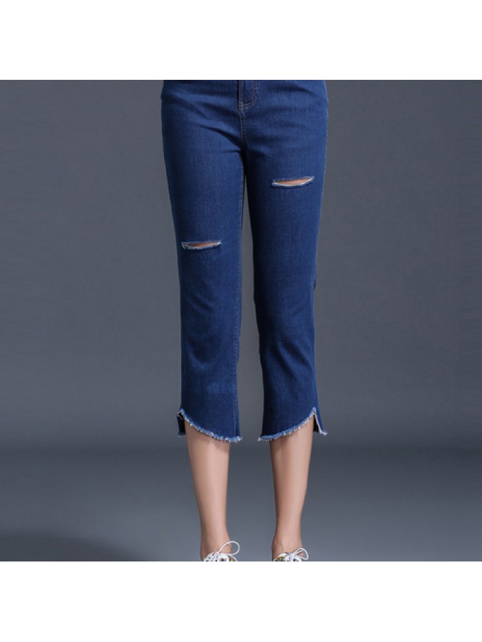 Casual Simple Dark Blue Ripped Skinny Jeans