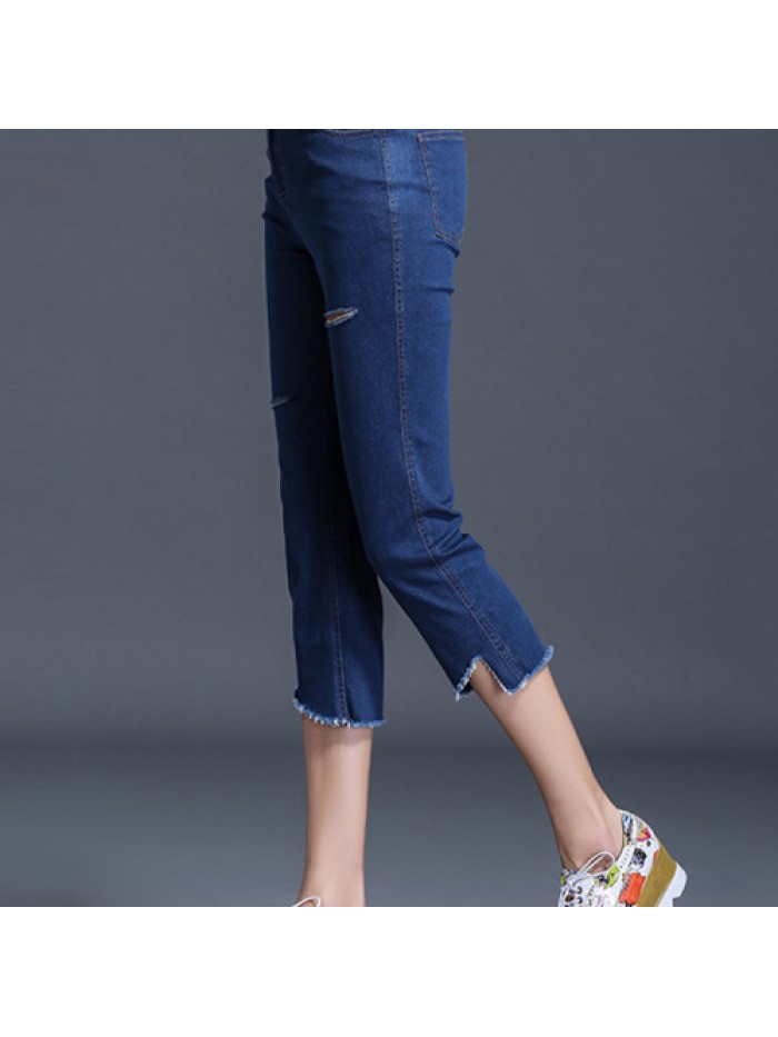 Casual Simple Dark Blue Ripped Skinny Jeans