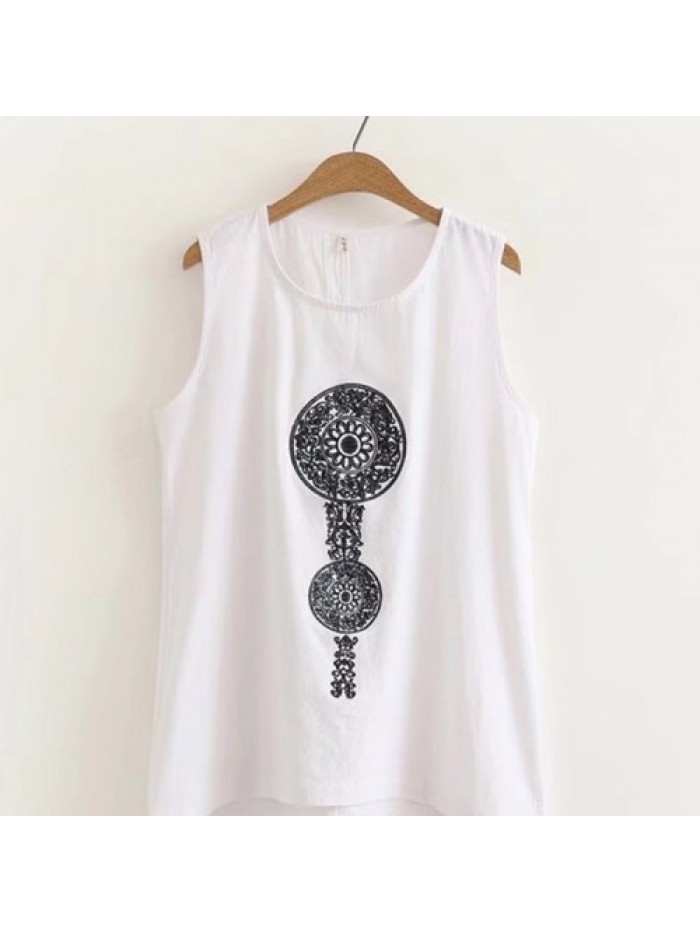 Bohemian Embroidery Sleeveless Round-neck Tank Tops