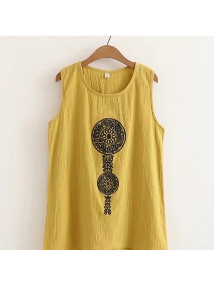 Bohemian Embroidery Sleeveless Round-neck Tank Tops