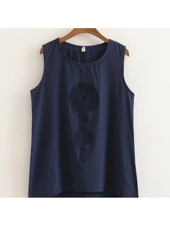 Bohemian Embroidery Sleeveless Round-neck Tank Tops