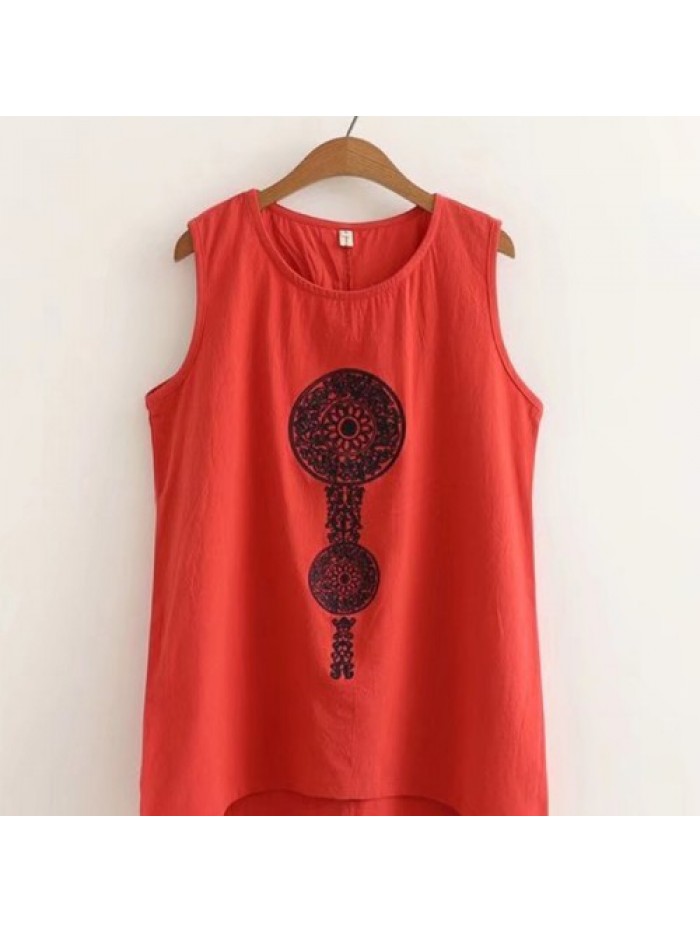 Bohemian Embroidery Sleeveless Round-neck Tank Tops