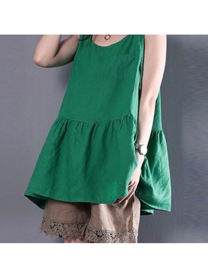 White/Green/Yellow Cute Sleeveless Round-neck Solid Color Pleated Tank Tops