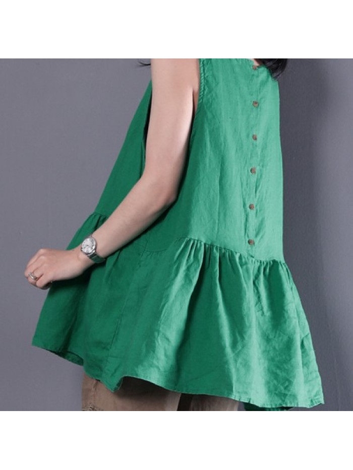 White/Green/Yellow Cute Sleeveless Round-neck Solid Color Pleated Tank Tops