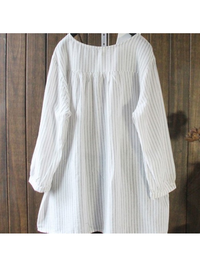 Vintage Navy Blue/White Striped Long Sleeve Loose Asymmetrical Blouse