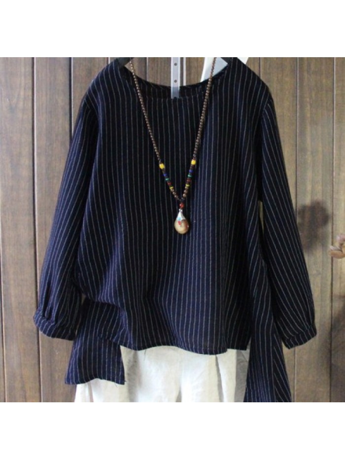 Vintage Navy Blue/White Striped Long Sleeve Loose Asymmetrical Blouse