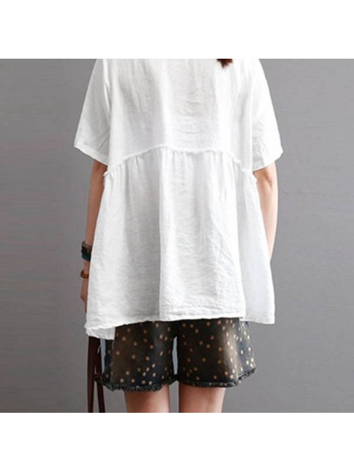 Red/Blue/White Vintage Short Sleeve Casual Loose Blouse