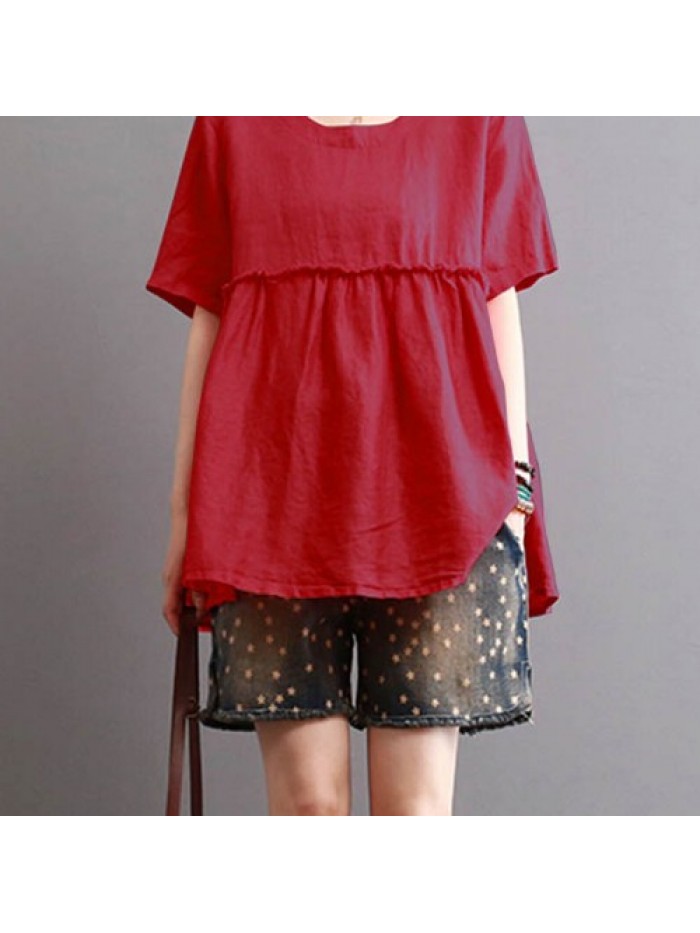 Red/Blue/White Vintage Short Sleeve Casual Loose Blouse