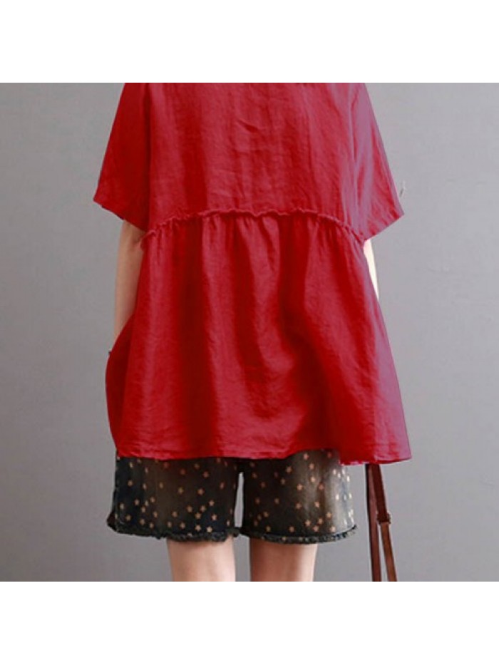 Red/Blue/White Vintage Short Sleeve Casual Loose Blouse