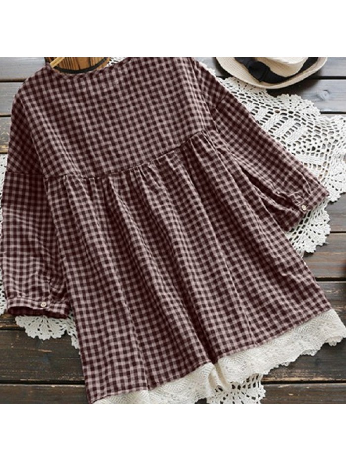 Burgundy/Navy Vintage Lace plaid Blouse