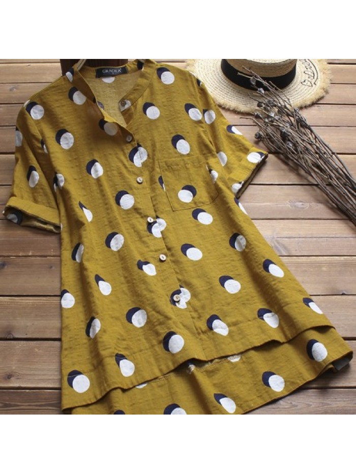 Blur/Yellow Vintage Dot Printed Stand Collar Short Sleeve Blouse