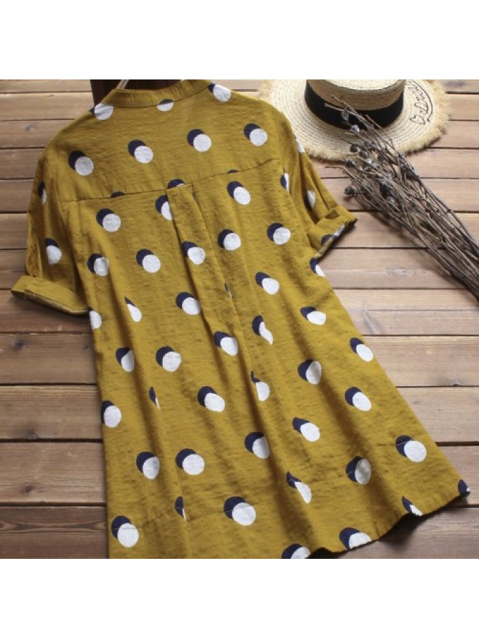 Blur/Yellow Vintage Dot Printed Stand Collar Short Sleeve Blouse