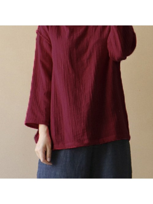 Simple Vintage Solid Color Long Sleeve Casual Loos...