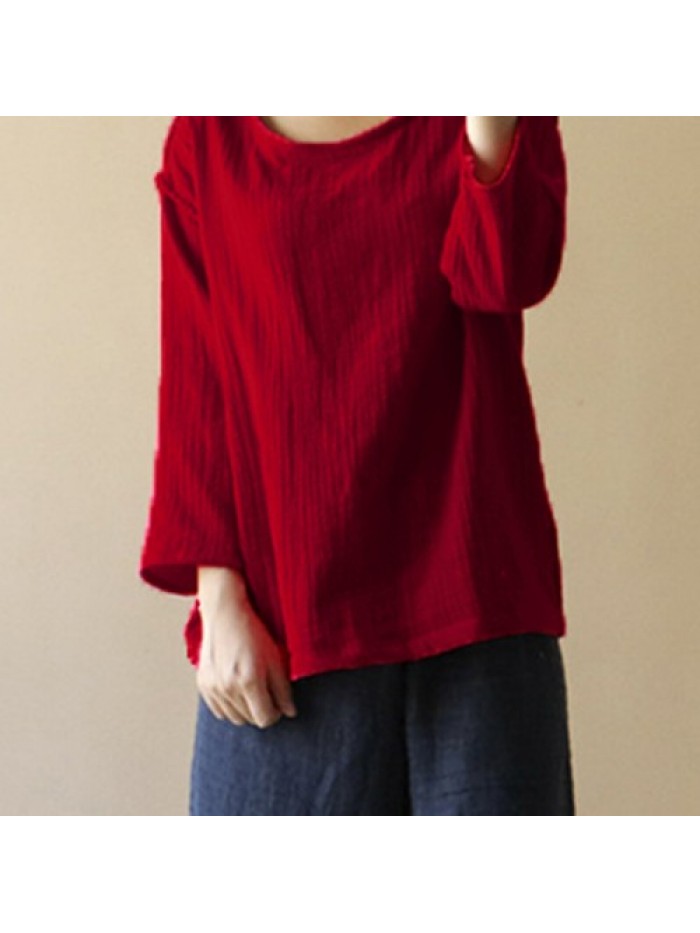 Simple Vintage Solid Color Long Sleeve Casual Loose Blouse