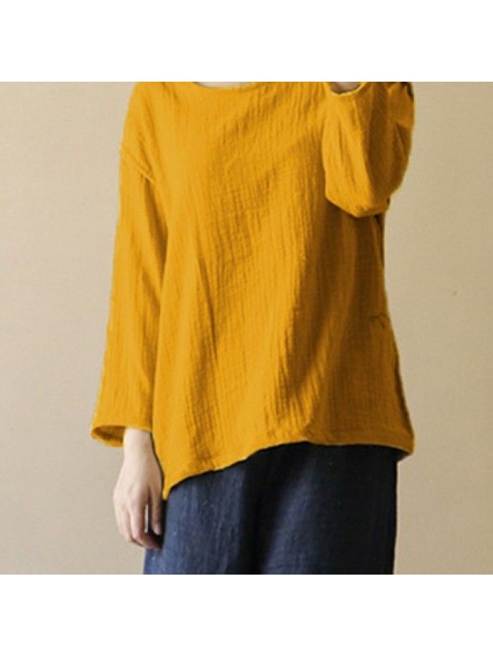 Simple Vintage Solid Color Long Sleeve Casual Loose Blouse