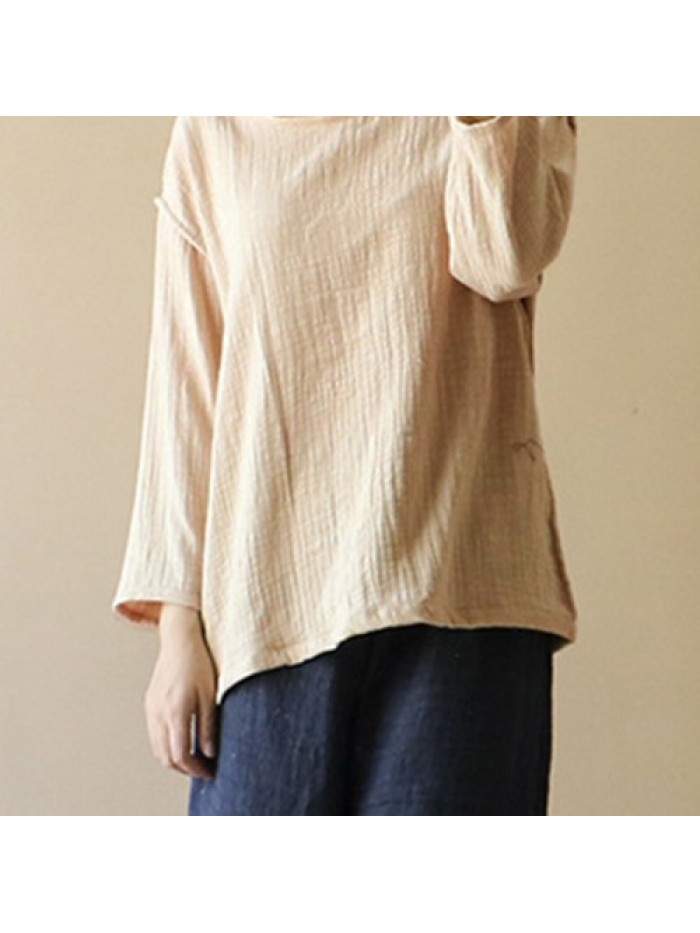 Simple Vintage Solid Color Long Sleeve Casual Loose Blouse