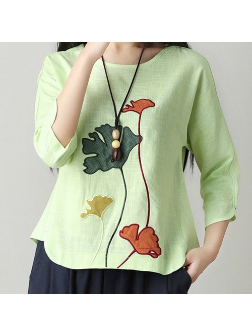 Colorful Vintage Floral Embroidery Long Sleeve Blo...