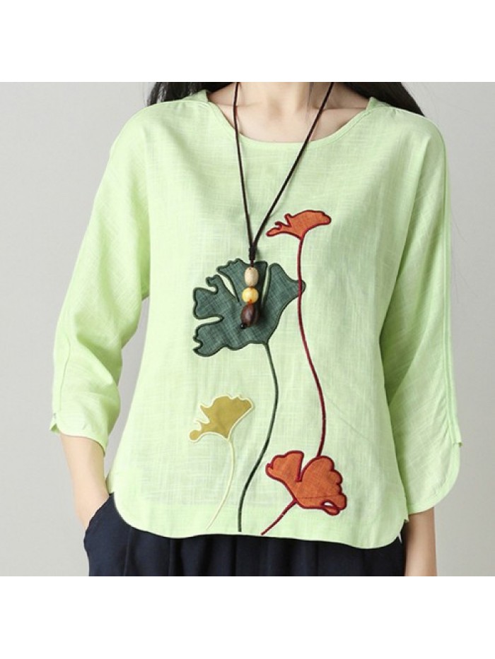 Colorful Vintage Floral Embroidery Long Sleeve Blouse