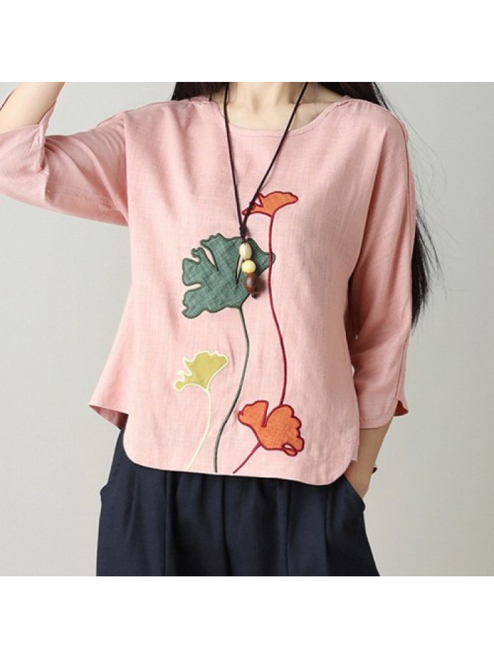 Colorful Vintage Floral Embroidery Long Sleeve Blouse