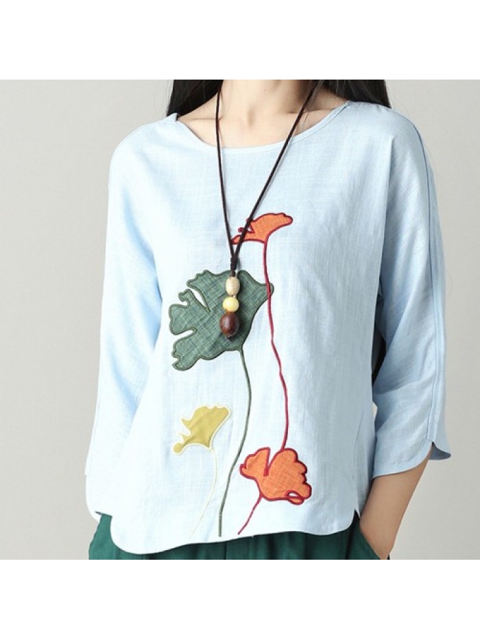 Colorful Vintage Floral Embroidery Long Sleeve Blouse