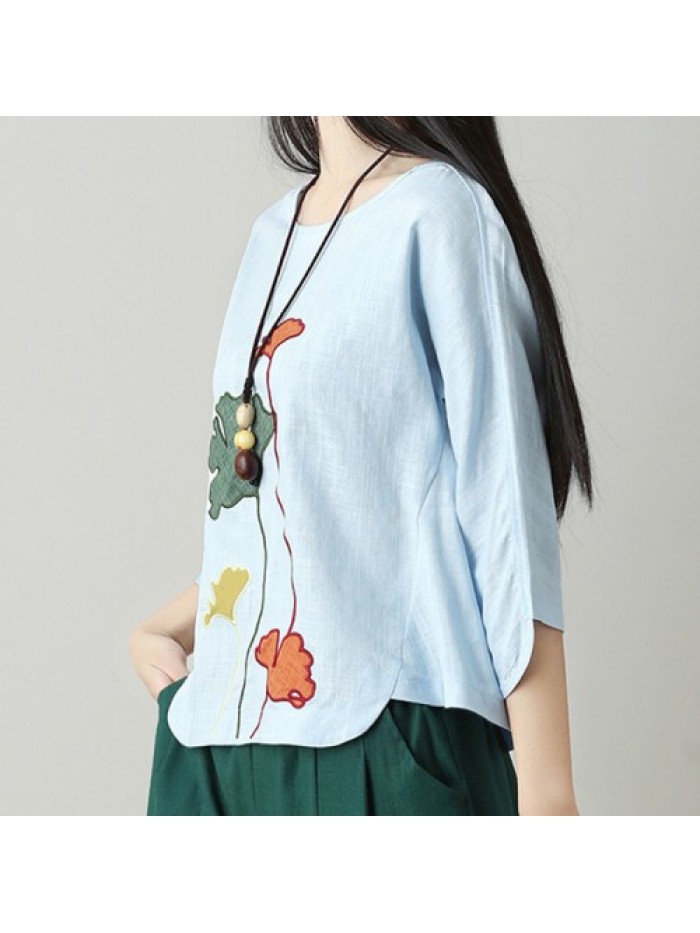 Colorful Vintage Floral Embroidery Long Sleeve Blouse