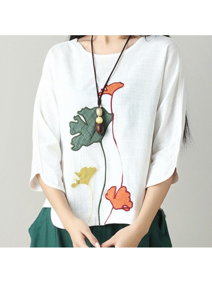 Colorful Vintage Floral Embroidery Long Sleeve Blouse