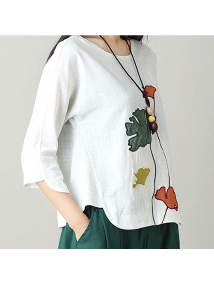 Colorful Vintage Floral Embroidery Long Sleeve Blouse