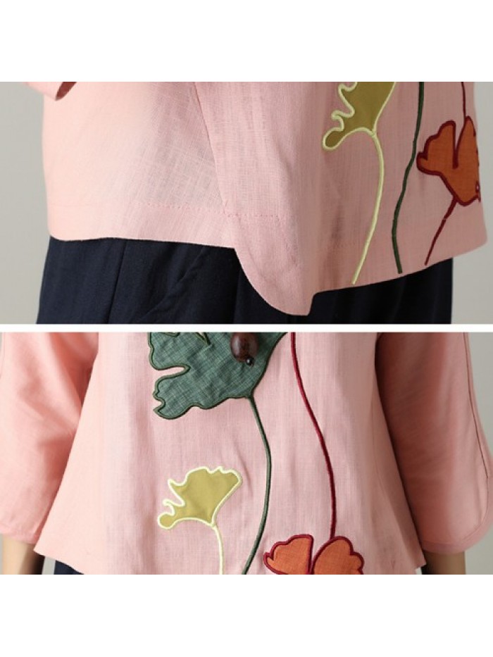 Colorful Vintage Floral Embroidery Long Sleeve Blouse