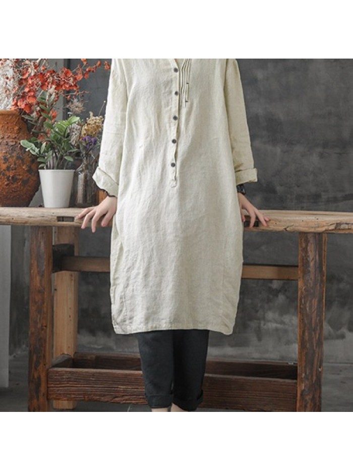 Women Solid Color Lapel Buttons Linen Cotton Long Shirt Dress