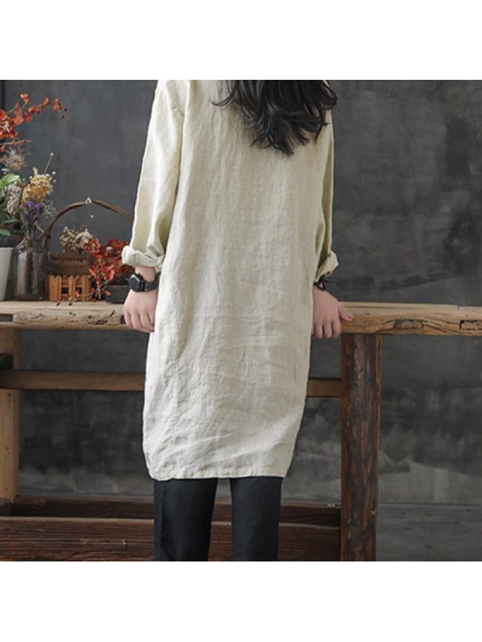 Women Solid Color Lapel Buttons Linen Cotton Long Shirt Dress