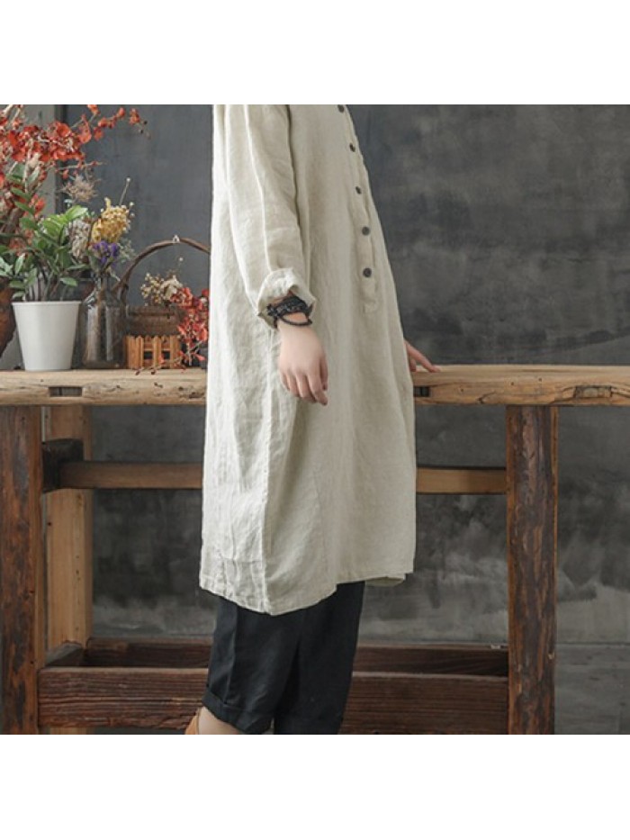 Women Solid Color Lapel Buttons Linen Cotton Long Shirt Dress