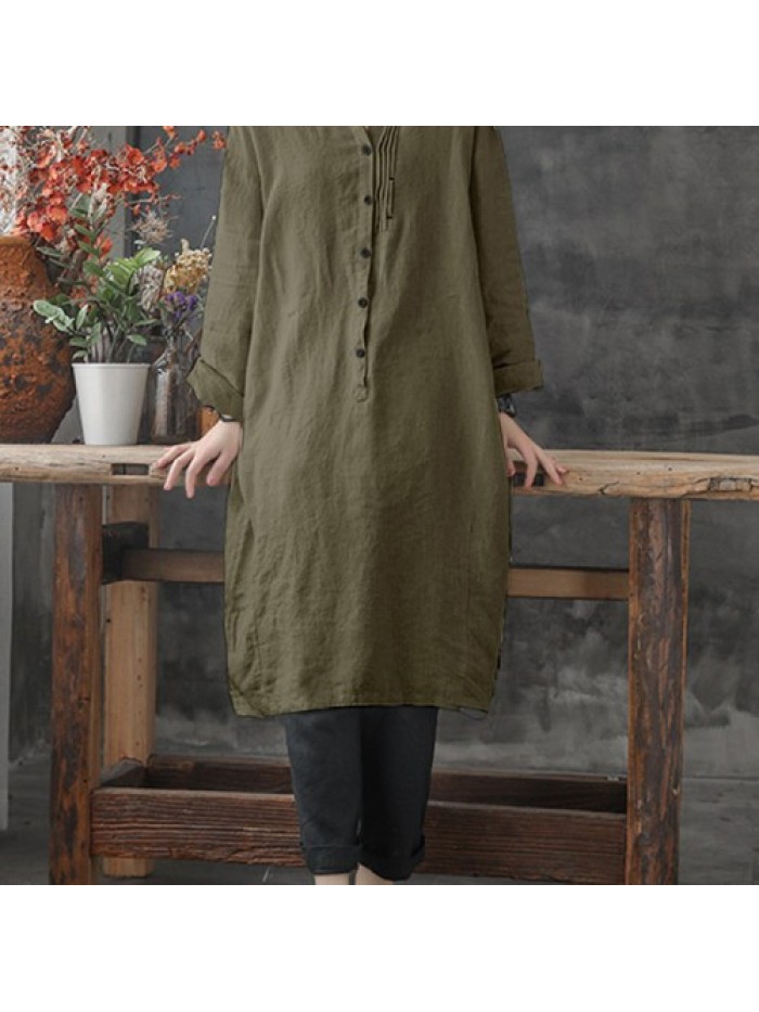 Women Solid Color Lapel Buttons Linen Cotton Long Shirt Dress