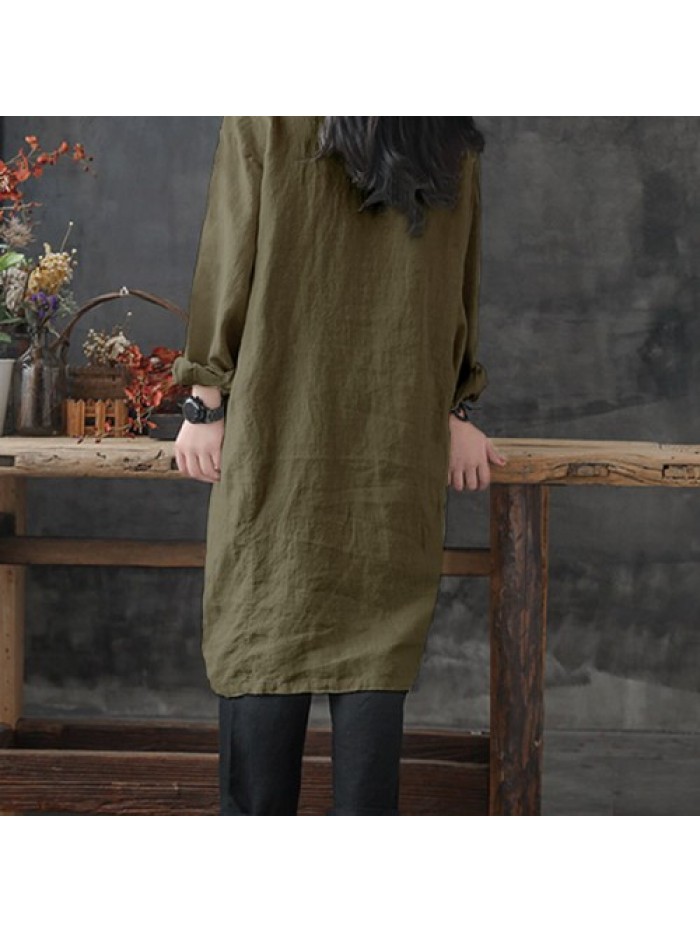 Women Solid Color Lapel Buttons Linen Cotton Long Shirt Dress