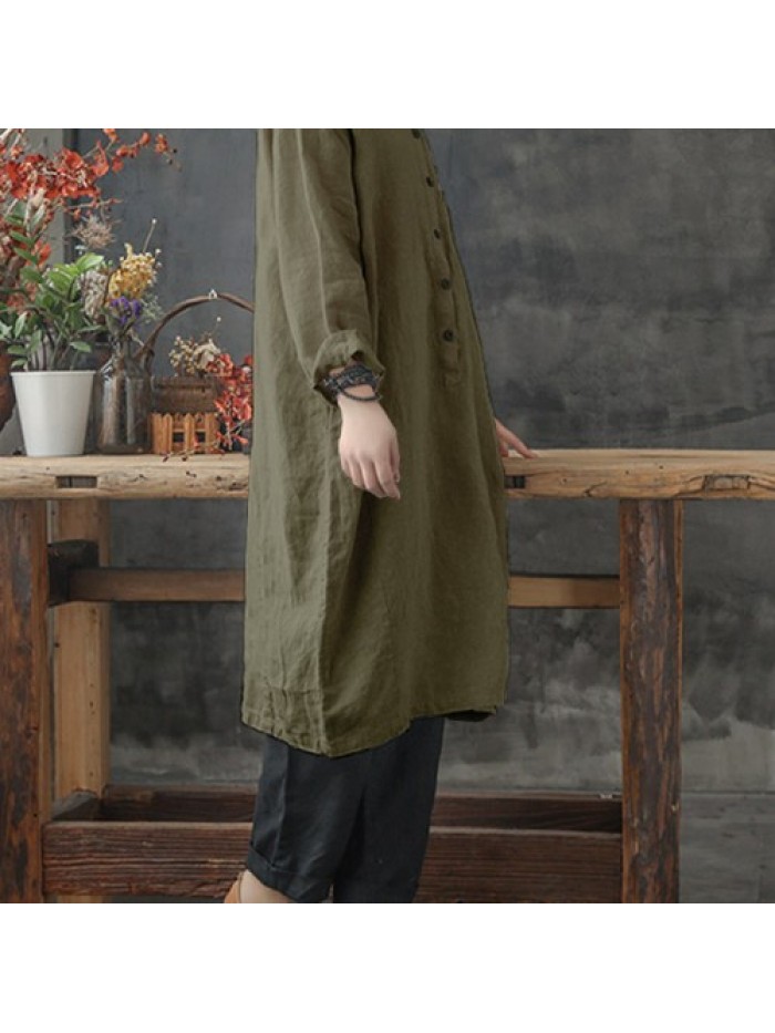 Women Solid Color Lapel Buttons Linen Cotton Long Shirt Dress