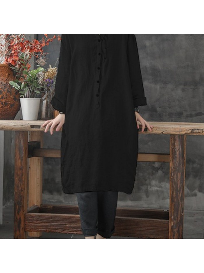 Women Solid Color Lapel Buttons Linen Cotton Long Shirt Dress