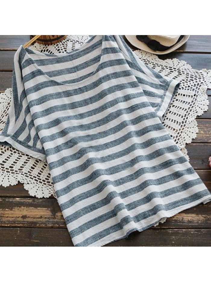 Gray Short Sleeve Round neck Loose Striped Blouse