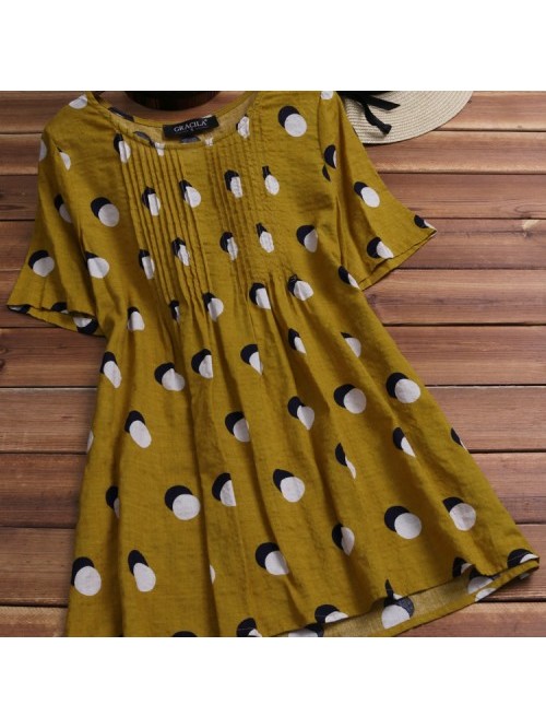 Vintage Short Sleeve Polka Dot Print Pleated Blous...